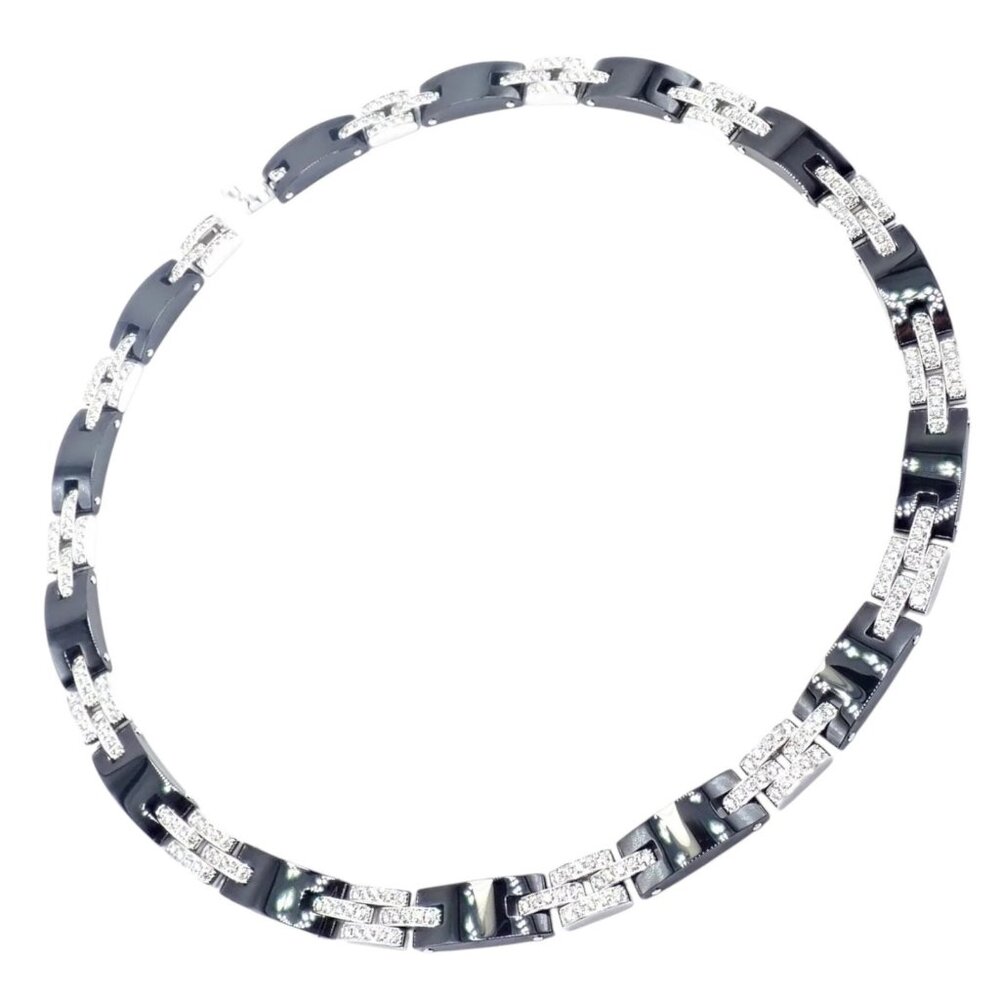 Authentic! Cartier Maillon Panthere 18K White Gold Diamond Ceramic Link Necklace